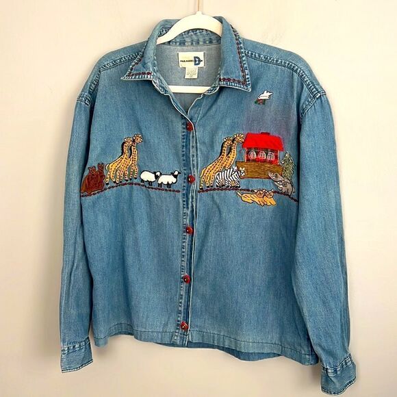 Vintage Women’s Small denim shirt Noah’s Arc animal theme Grandmacore - Picture 11 of 14